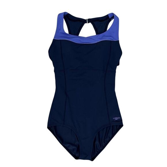 Speedo High Neck Piped One Piece Swimsuit Women’s Sz 8 Black & Blue - Picture 1 of 8